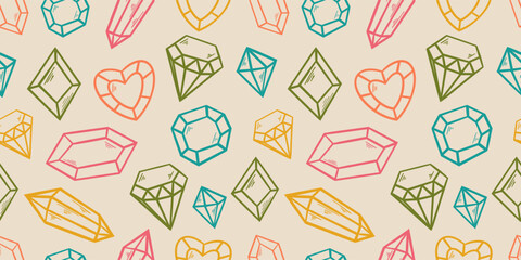 Diamond Jewelry Seamless Pattern. Gems Pattern Background. Doodle Diamond and Gems Background.