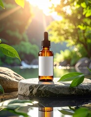 Amber glass dropper bottle with blank label on a stone in a serene natural environment with sunlight.