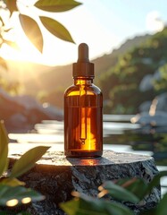 Amber glass dropper bottle with essential oil on natural stone at sunset.