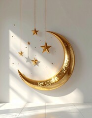 Golden Crescent Moon and Stars Decoration Hanging Indoors.