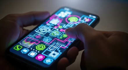 Smartphone interface shows colorful icons and abstract shapes in person's hand digital interaction