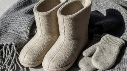 Cozy woolen winter set: cream boots, gray scarf, and mitten ensemble for warmth and comfort