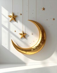 Golden Crescent Moon and Stars Decoration Hanging on White Wall with Sunlight Shadows.