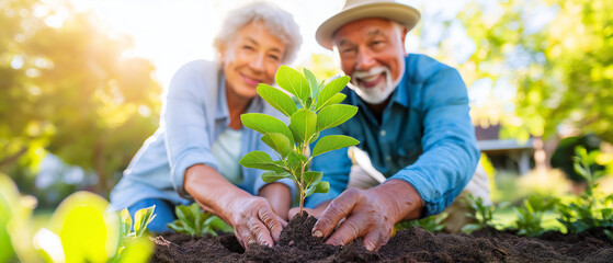Elderly couple planting tree together in yard, symbolizing love, growth, and environment. Ideal for lifestyle, gardening, and sustainability themes.