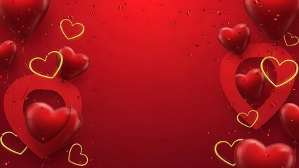 Vibrant red background with floating hearts and golden outlines