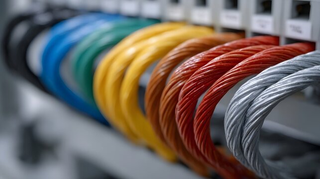 Rows of colorful thick electrical cables connected to a technology panel