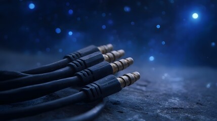 Close up of multiple black audio jack connectors with gold tips against a dark starry bokeh background