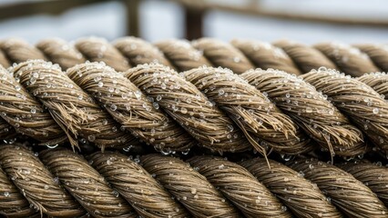 Close-up of wet nautical rope with water droplets showcasing detailed texture and twisting fiber patterns
