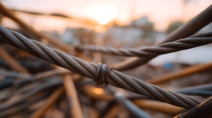 Close up of tangled industrial steel cables with warm sunset light and bokeh background