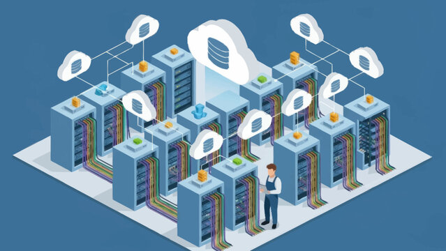 Isometric illustration of data center with servers and IT professionals.
