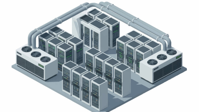 Isometric illustration of data center with servers and cooling systems.