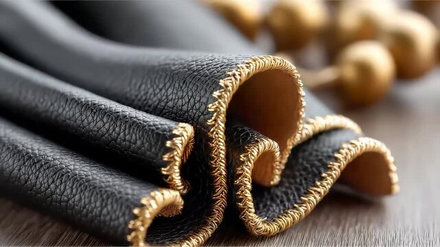 Close up of black litchi grain leather with gold stitched edges