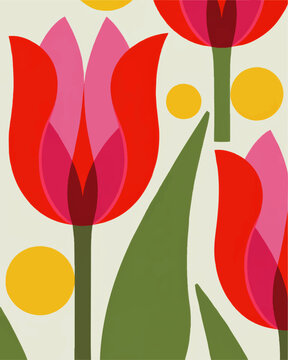 Modern abstract tulip flower illustration with bold red pink petals green leaves and yellow circles on light background