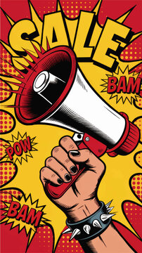 Pop art sale poster with megaphone in raised hand, comic book style promotion background in bold red yellow retro explosion