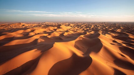 Endless sand dunes under a fiery sunset, highlighting the vast and serene beauty of the desert. inspiring travel planning, travel magazines, designed for travel destination branding.
