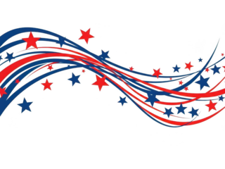 Abstract wave design with red and blue flowing lines and scattered stars, perfect for patriotic american holiday celebration isolated on transparent background
