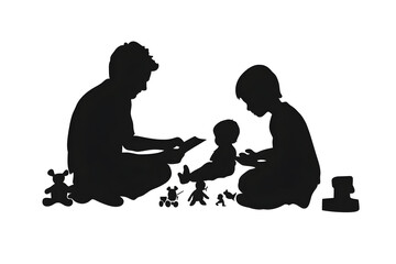 Silhouette of Family Bonding Through Playtime: Captured from above, a touching moment unfolds as a parent and two children engage in playful activities.