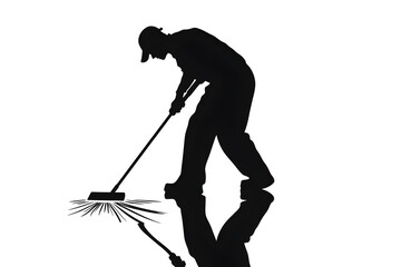 Silhouette of Cleaning: A silhouette depicts an individual in overalls meticulously sweeping with a broom, reflecting their unwavering dedication to cleanliness and order.