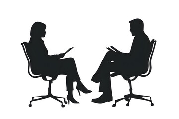 Shadowed Dialogue: A poised silhouette captures the essence of a focused interview or crucial discussion. Two individuals sit opposite each other, engrossed in an intellectual exchange.
