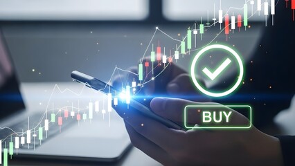 Close up of hands interacting with a smartphone displaying glowing cryptocurrency stock market charts featuring candlestick patterns a prominent green checkmark indicating success and a glowing buy bu