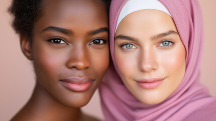 Portrait of multicultural diversity, two womens genuine smiles, representing unity and acceptance, suitable for diversity campaigns or multicultural advertisements.