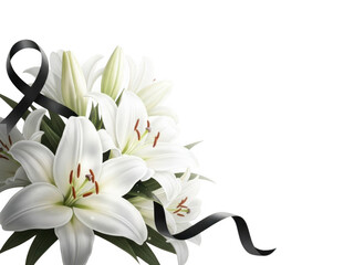 Beautiful bouquet of white lilies with a black mourning ribbon isolated on transparent background, symbol of condolence and remembrance © SADIAISLAM