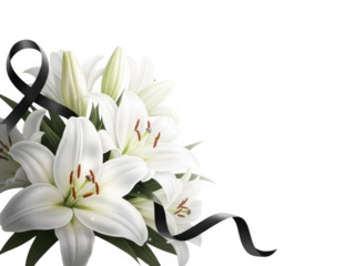 Beautiful bouquet of white lilies with a black mourning ribbon isolated on transparent background, symbol of condolence and remembrance