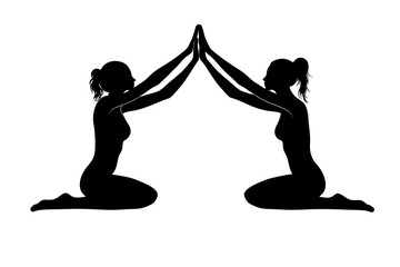 Yoga Harmony: Two figures, their silhouettes forming a delicate embrace as they practice yoga, symbolizing serenity, unity, and a connection with inner peace. The photo captures a moment of balance.
