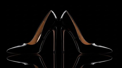 Glossy black high heels with abstract reflection on dark background elegantly displayed with symmetrical styling for fashion forward femininity