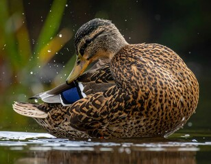 Mallard Duck Preening Feathers in Water with Splashes.
