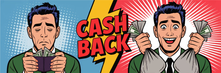 Pop art cashback concept with sad man losing money and happy man holding cash rewards on bright comic background