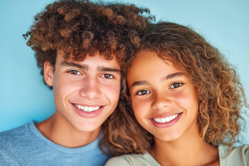Two smiling teenagers with curly hair pose against a blue background. Perfect for youth lifestyle blog posts or social media content.