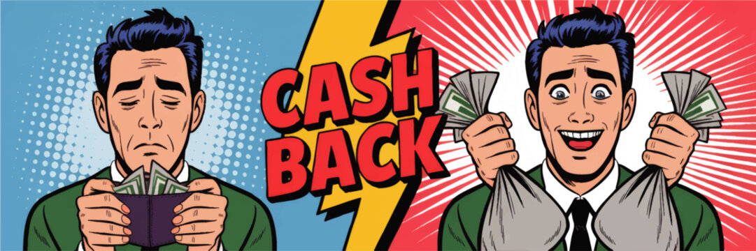 Pop art cashback concept with sad man losing money and happy man holding cash rewards on bright comic background