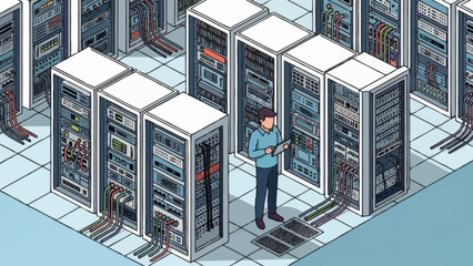 IT professional working on server in data center facility.