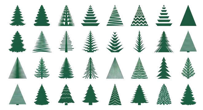 Collection of 25 unique green christmas tree illustrations with various patterns