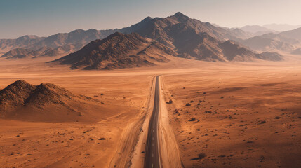 Aerial desert road leading to mountain range, vast landscape, warm golden tones, minimal travel concept