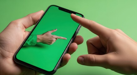 Human hand interacts with application, demonstrates features on green screen phone