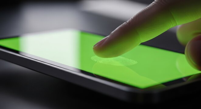 Finger interaction with a vibrant green screen tablet interface for application development - Powered by Adobe