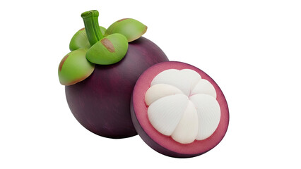 Mangosteen fruit: whole and halved, isolated on white background