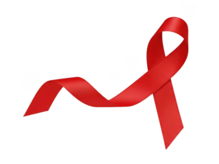 A single red awareness ribbon symbol representing support for aids and hiv causes, isolated on transparent background