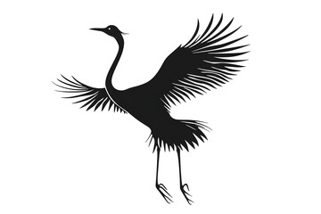 Fototapeta premium Elegant Silhouette of Flight: A graceful crane is depicted in a striking black silhouette against the backdrop of white, its wings outstretched in a moment of poised flight.