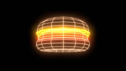 Delicious fast food cheeseburger. Wireframe model. Neon glowing.