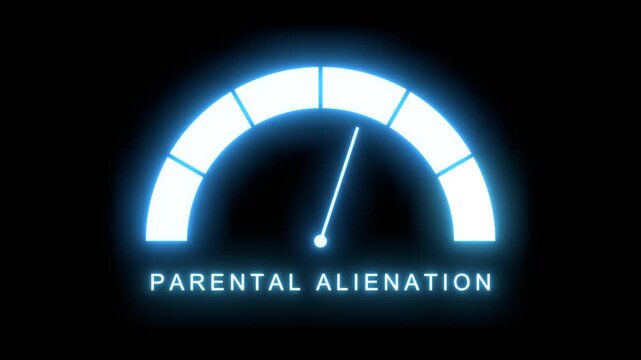 Neon glowing parental alienation meter showing big risk levels. Dangerously increasing values, critical overload. Too much, off the charts. Abstract meter scale with arrow. Social and justice concept.