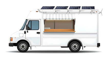 Detailed food truck equipped with solar panels and open serving counter, representing sustainable street food and modern mobile business.