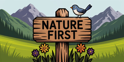 Nature First eco friendly sign with bluebird, wildflowers and green mountain landscape, environmental conservation illustration banner