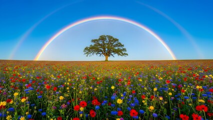 A vibrant landscape featuring a solitary oak tree in a vast field of colorful wildflowers, perfectly framed by a brilliant double rainbow under a clear blue sky.
