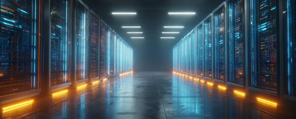 Futuristic data center with rows of advanced high-performance server racks illuminated by blue and orange led lighting, sleek metallic textures, and modern technological design