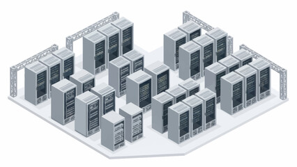 Obraz premium 3D illustration of a data center with multiple server racks and networking equipment.