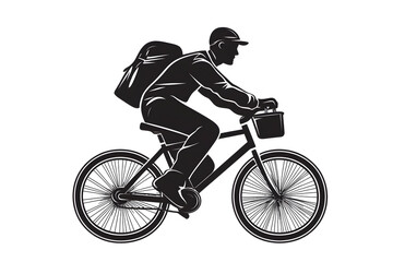 Naklejka premium Delivering Services: A monochrome illustration showcases a diligent delivery person on a bicycle, signifying swift and efficient service delivery.