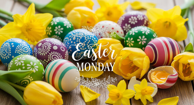 Celebrate easter monday with colorful eggs and flowers